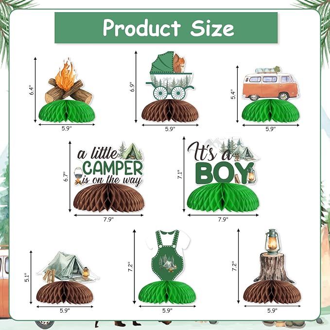 Little Camper Baby Shower Decorations, 8pcs A Little Camper is On The Way Honeycomb Centerpiece It's a Boy Table Topper for Woodland Camping Happy Camper Adventure Baby Shower Party Supplies
