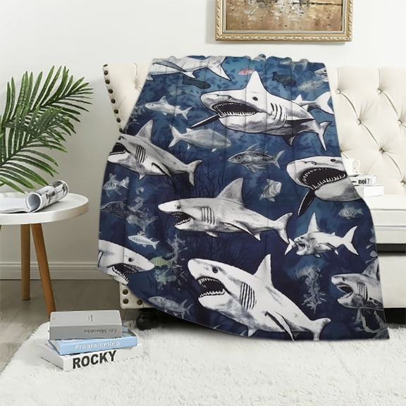 JEUXUS Shark Pattern Blanket Throw Blanket for Shark Lovers Soft Ocean Shark Blanket for Boys Girls Fluffy Bed Blanket Soft Flannel Couch Blankets