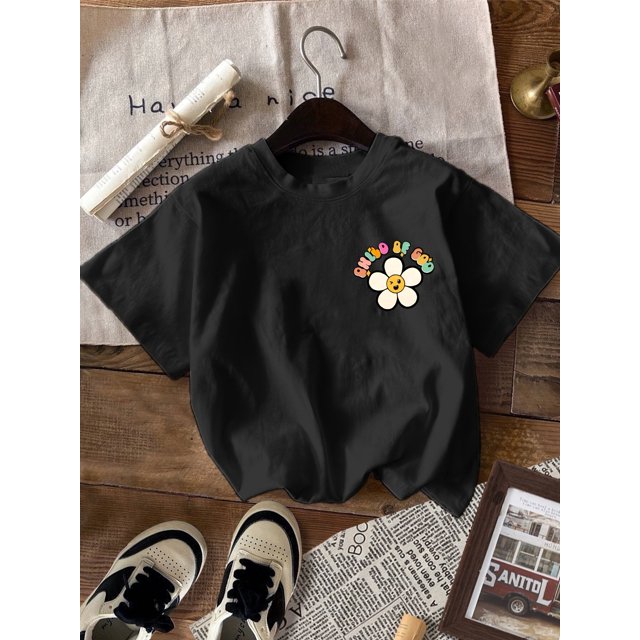 Girls Casual Summer Crew Neck Short Sleeve T-Shirt, Cotton, Floral & Alphabet Print, Soft Stretchy, Loose Fit, with Applique, for Girls