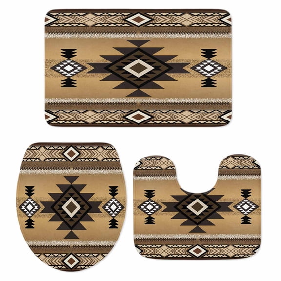 Brown Southwest Bath Mat 3 Piece Bathroom Rug Set, Boho Aztec Ethnic Abstract Geometric Non Slip Bath Rug Contour Mat and Toilet Lid Cover, Absorbent Shower Mats Soft Bath Rugs and Mats Sets