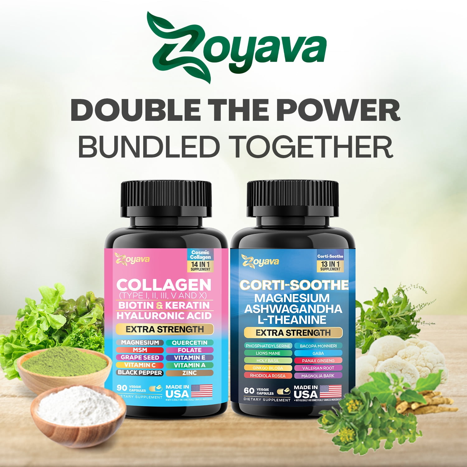 Zoyava Collagen Capsules with Ashwagandha, L-Theanine, Magnesium, Biotin, Hyaluronic Acid, Keratin, Folate