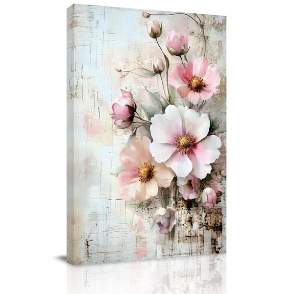 Canvas Wall Art, Pink Spring Floral Framed Canvas Prints for Bedroom Bathroom, Vintage Botanical Retro Flowers Gallery Wrapped Wall Decor for Home Office, Gifts, 11"x14" Ship Next Day