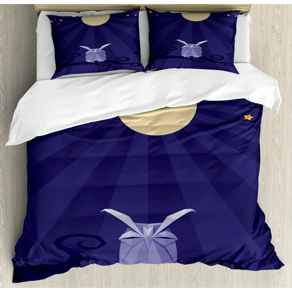 Owl Print Duvet Cover Set Queen Size, Origami Bird at Night with Stars and Full Moon, Decorative 3 Piece Bedding Set with 2 Pillow Shams, Dark Indigo Beige Ceil Blue and Pale Orange, by Ambesonne
