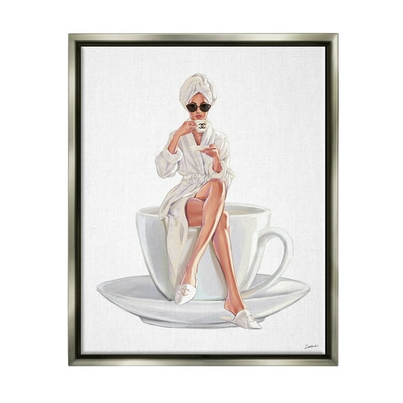 Stupell Industries Chic Woman Robe Coffee Cup Designer Logo Sunglasses Luster Gray Framed Floating Canvas Wall Art, 24x30, by Ziwei Li