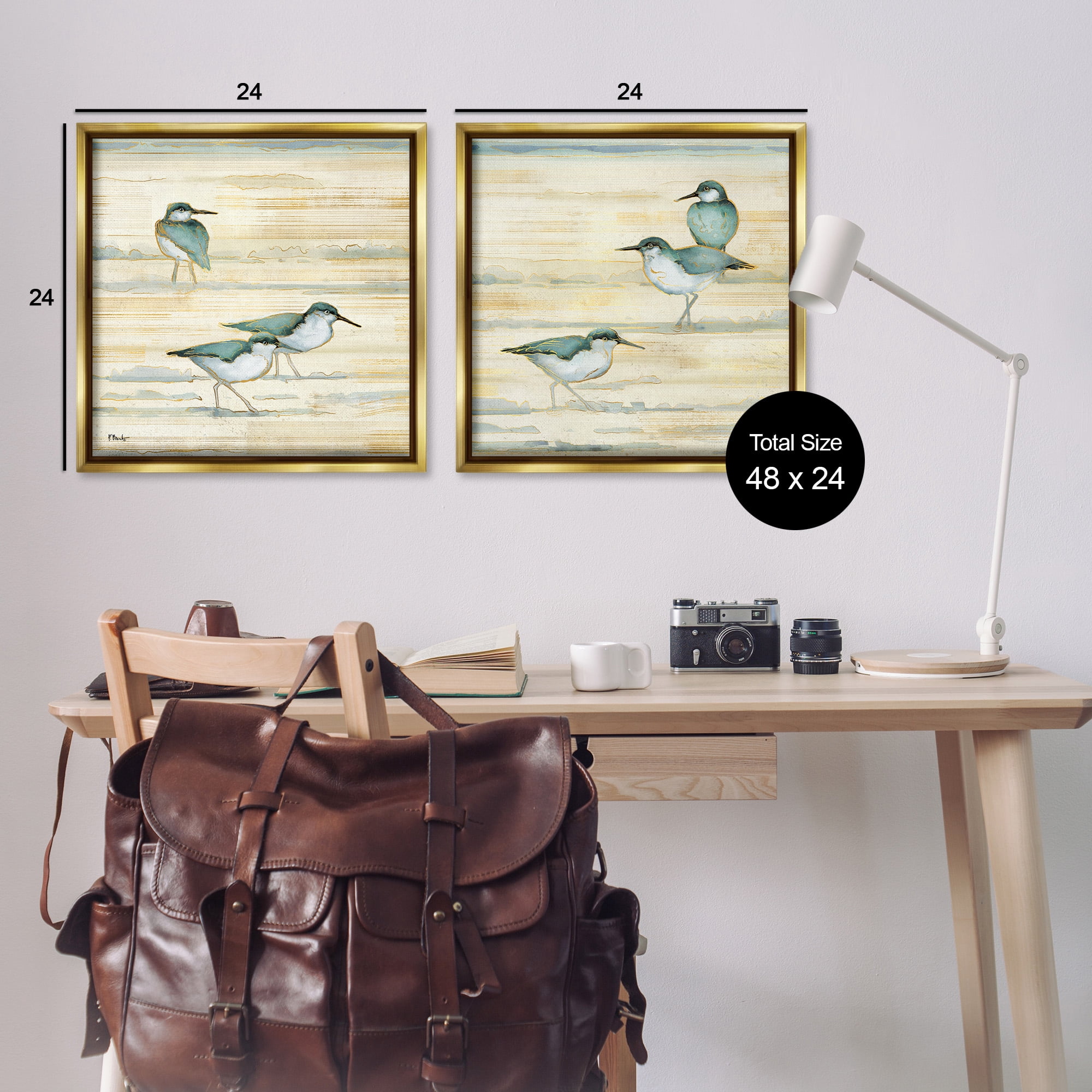 Stupell Industries Sandpipers Abstract Water Shoreline Animals & Insects Painting Gold Floater Framed Canvas Art Print Wall Art, 25 x 25, Set of 2
