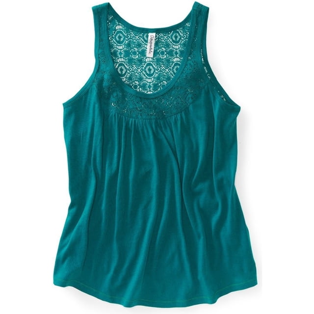 Aeropostale Womens Solid Lacey Neckline Back Tank Top, Verde, Small