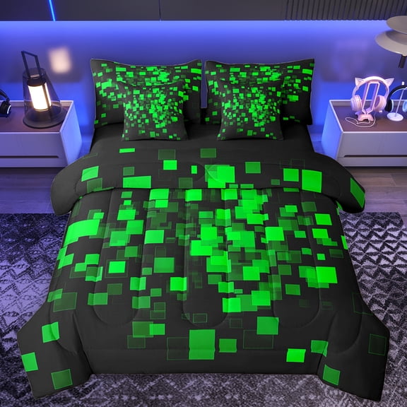 Homewish Fashion Square Honeycomb Twin Bedding Sets 7-Piece for Teen, Neon Gradient Abstract Bedding Comforter Set, Green Checkered Reversible Sheet Sets, Lightweight Room Decor
