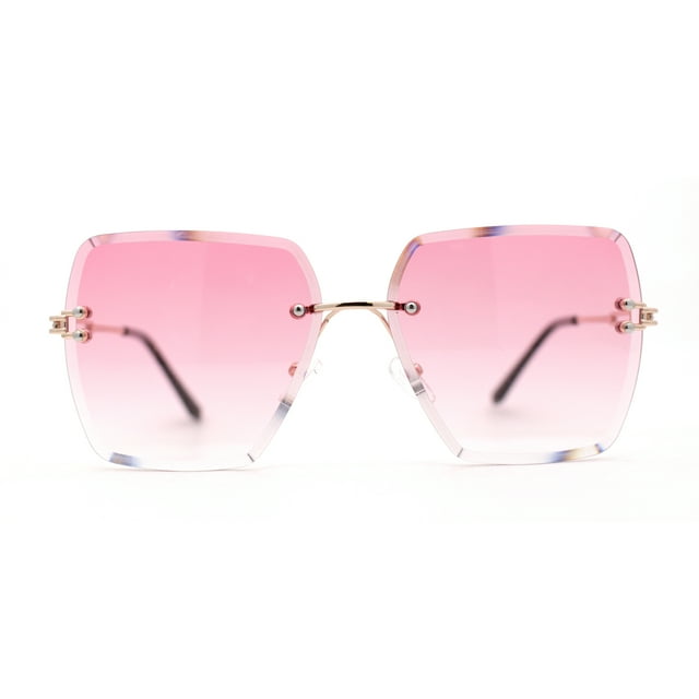 Womens Rimless Luxury Fashion Bevel Edge Rectangle Sunglasses Gold Pink