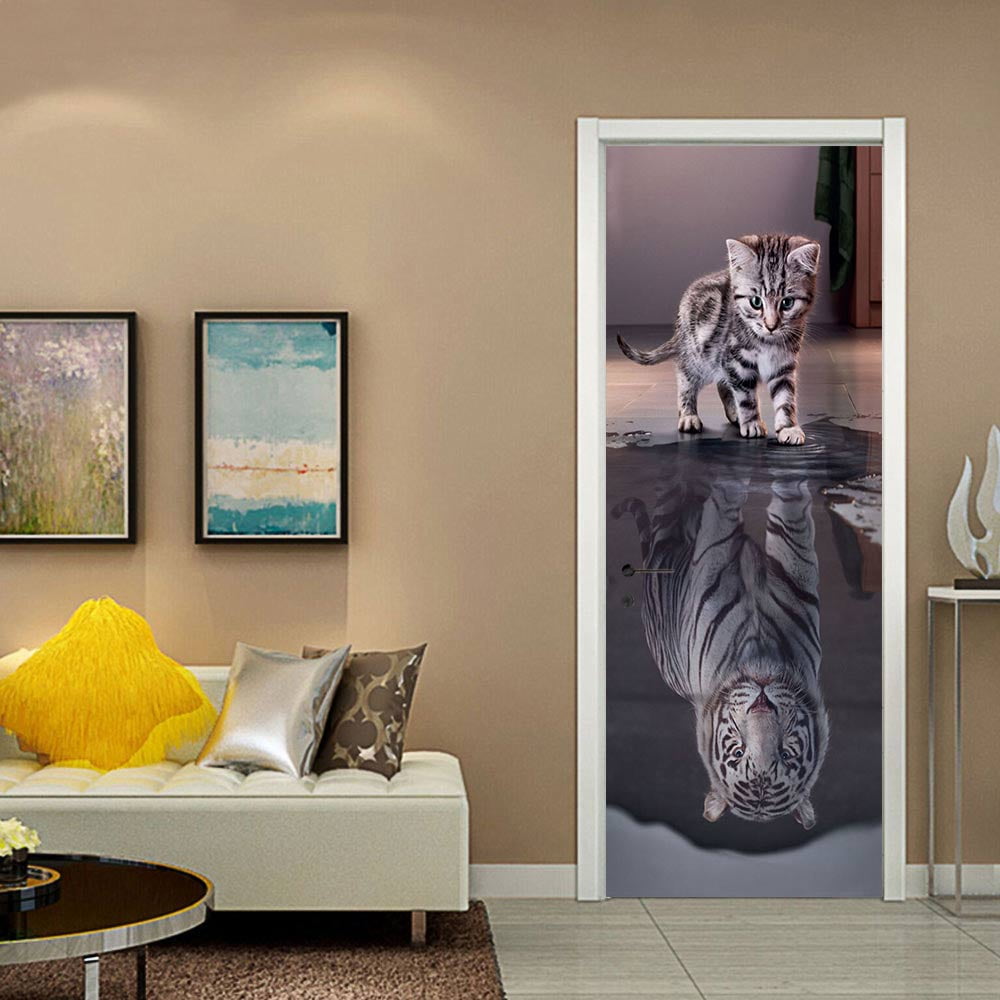 Bedroom Living Room Bathroom House Decoration 30.31*78.74 3D Door Mural Cat and Tiger Animals Door Office Art Door Stickers for Interior Doors 052# 