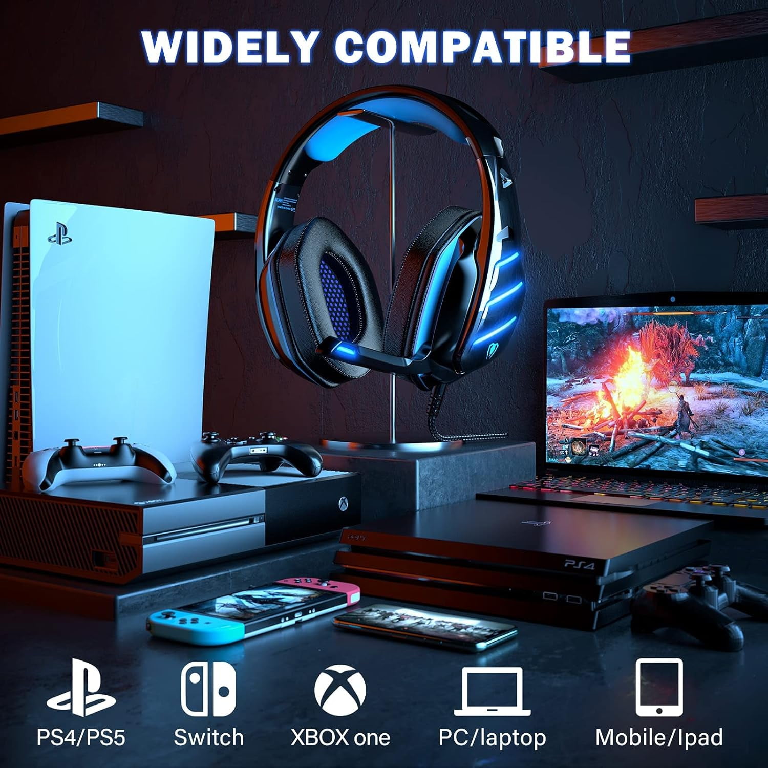 Beexcellent Gaming Headset for PS4 PS5 Switch Xbox One PC with RGB Light, Noise Canceling Mic, Surround Sound Gaming Headphones (Black Blue)