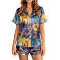 thumbnail image 2 of Women Halloween Pajama 2 Piece Set Candy Pumpkin Short Sleeve Lapel Collar Horror Shirts Matching Spiderweb Castle Wide Leg Spooky Shorts, XL, 2 of 6