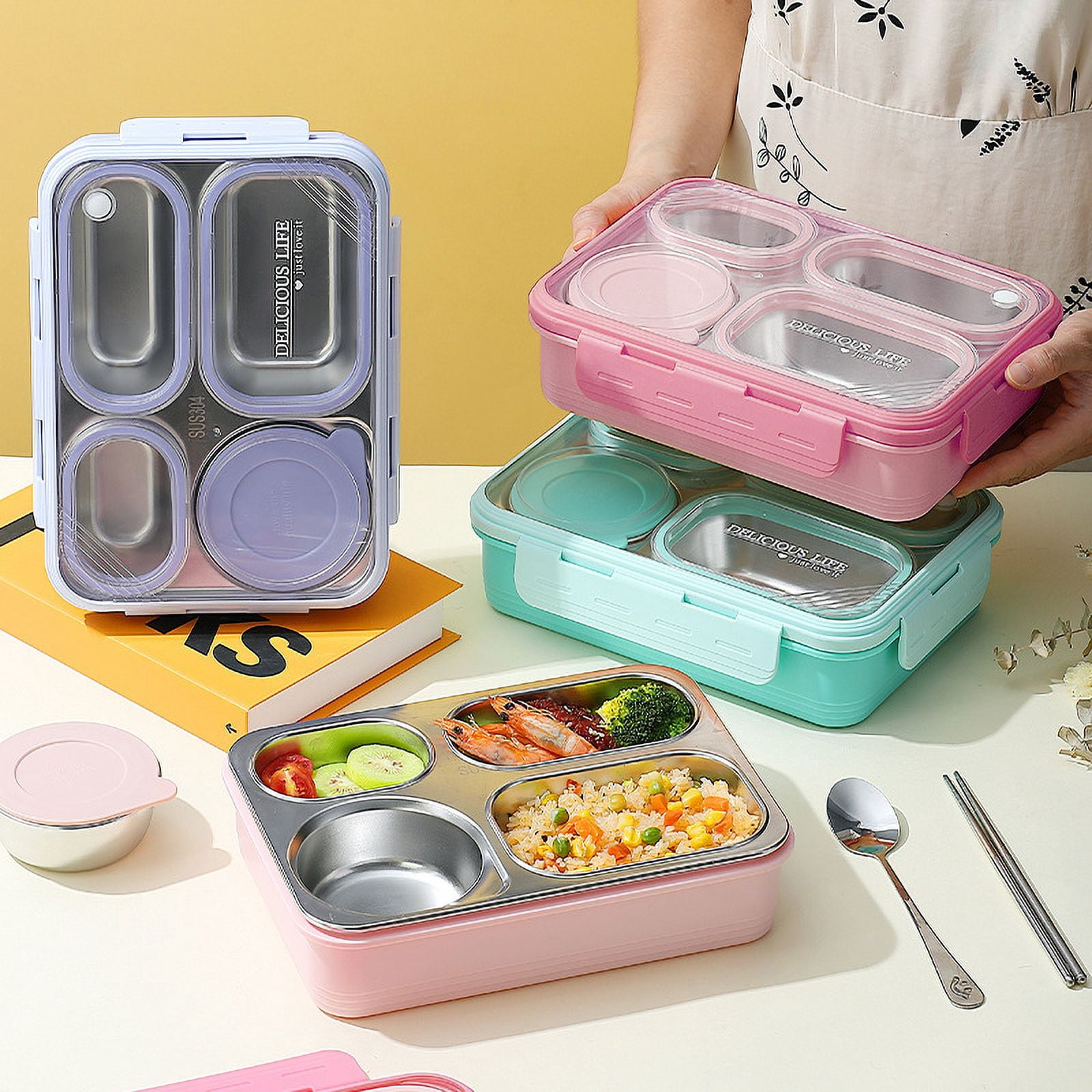 Lunch Box Containers Stainless Steel Bento Box for Adults with 4-Compartment Snack Tray, Soup Bowl with Lid & Metal Spoon, Dishwasher Safe, Easy to Carry, Purple