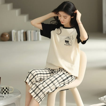 

QWZNDZGR Summer Nightwear Sets Knitted Cotton Cute Cartoon Pyjamas Sweet Casual Women’s Pajamas Short Sleeve Sleepwear Homewear Fashion