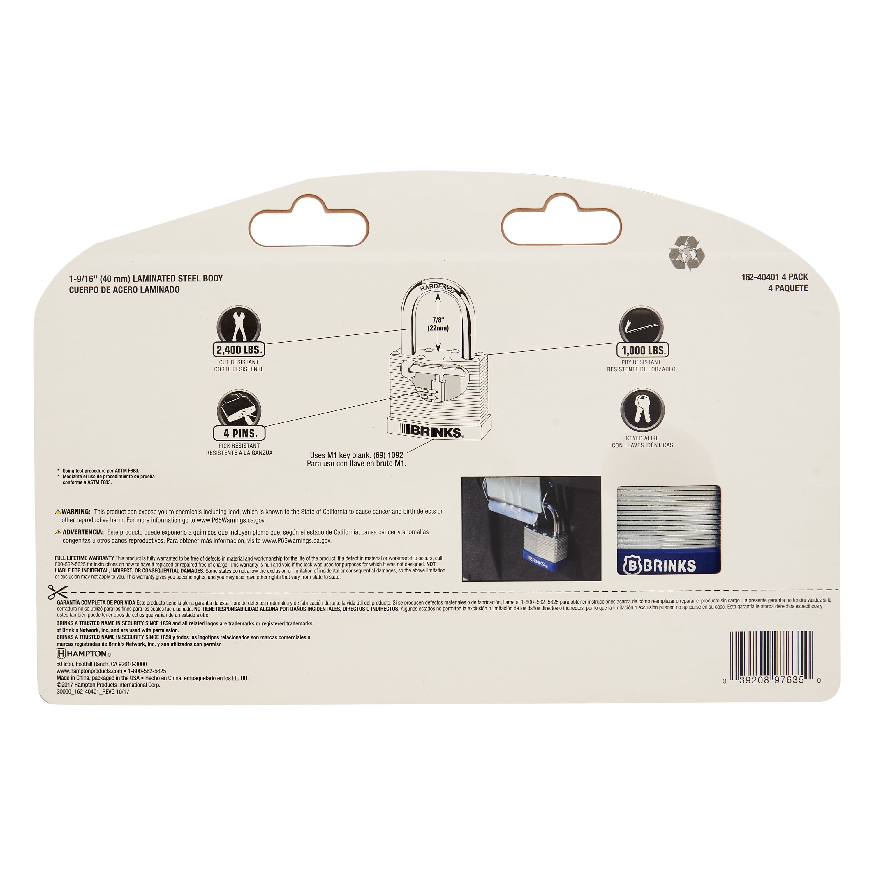 Brinks Laminated Steel 40mm Keyed Padlock with 2 1/4in Shackle