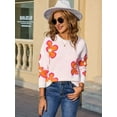 thumbnail image 5 of Floral Sweaters for Women Contrast Color Striped Crew Neck Long Sleeve Loose Knit Pullover Tops White XL, 5 of 10