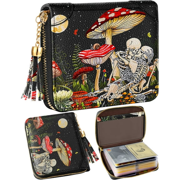 Gemfits 40 Slots Credit Card Holder for Women Girls Cute RFID Blocking Card Pretty Organizer Leather Cardholder for Female Size Big Zipper Wallet, Mushroom Skull