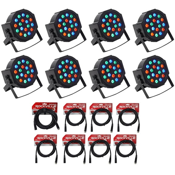 (8) Rockville RockPAR50 LED RGB Compact Par Can DJ/Club DMX Wash Lights Cables