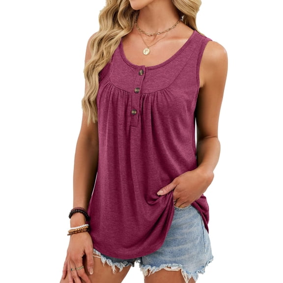 Fnooota Women's Cotton Tank Tops, V Neck Summer Casual Pleated Front Sleeveless T-shirts Wine Size S-2XL