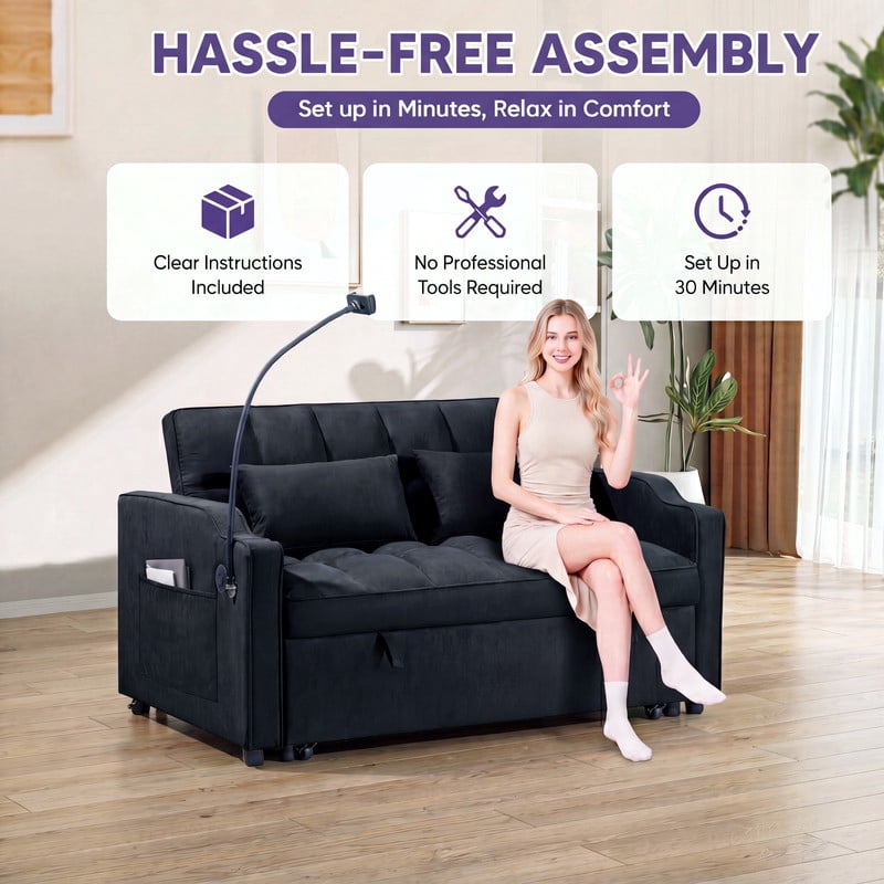 Gewnee 53" Sofa Bed, 3 in 1 Convertible Sleeper Sofa, Velvet Pull Out Couch Bed with USB Ports, Phone Holder & Side Storage Pockets, Adjustable Loveseat Sofa Bed for Living Room, Black