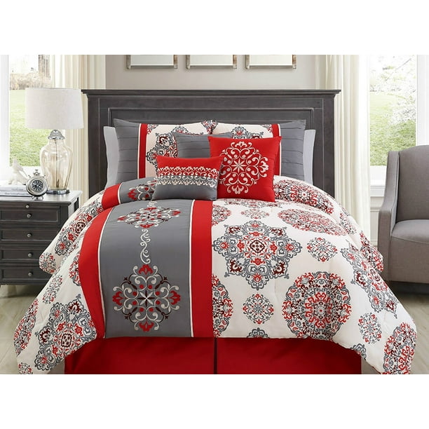 Chelsea Medallion 7 Piece Embroidered Comforter Set Burgundy, White