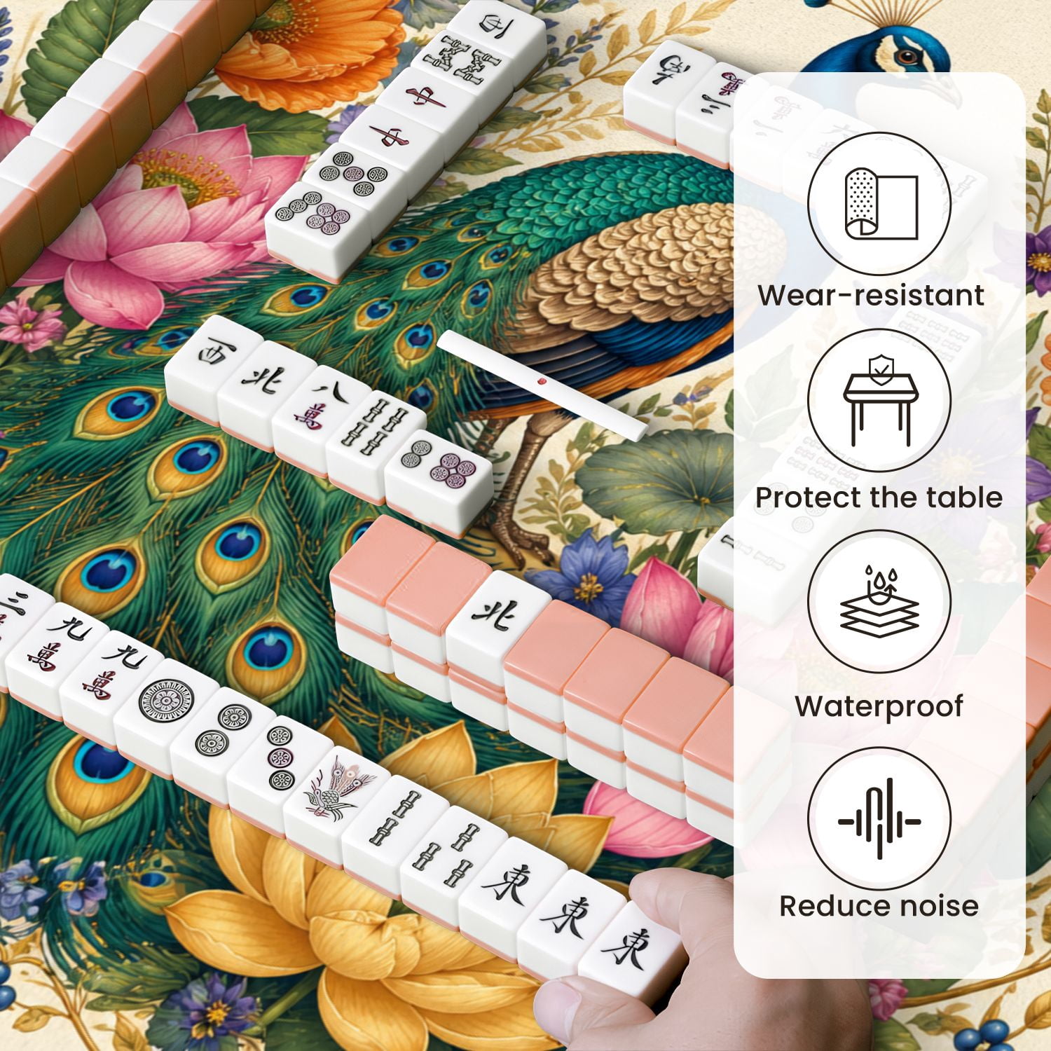 Mahjong Mat 31.5" x 31.5" Colorful Peacock Vibrant Flowers Detailed Botanical Non-Slip Noise Reduction Mahjong Tiles Table Cover for Dominoes Poker Card Board and Tile Games