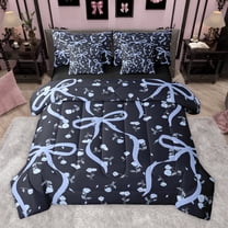 Homewish Girls Bow Knot 7-Piece Twin Bedding Sets,Cartoon Rose Floral Bedding Comforter Set,Blue Black Sheet Sets For Kids,Luxury Bedroom Decor Reversible