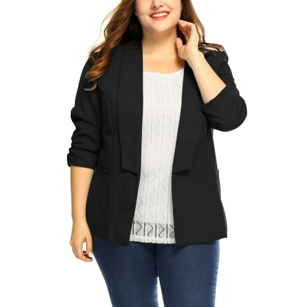 Women Plus Size 3/4 Sleeves Shawl Collar Blazer Jacket Black 3X