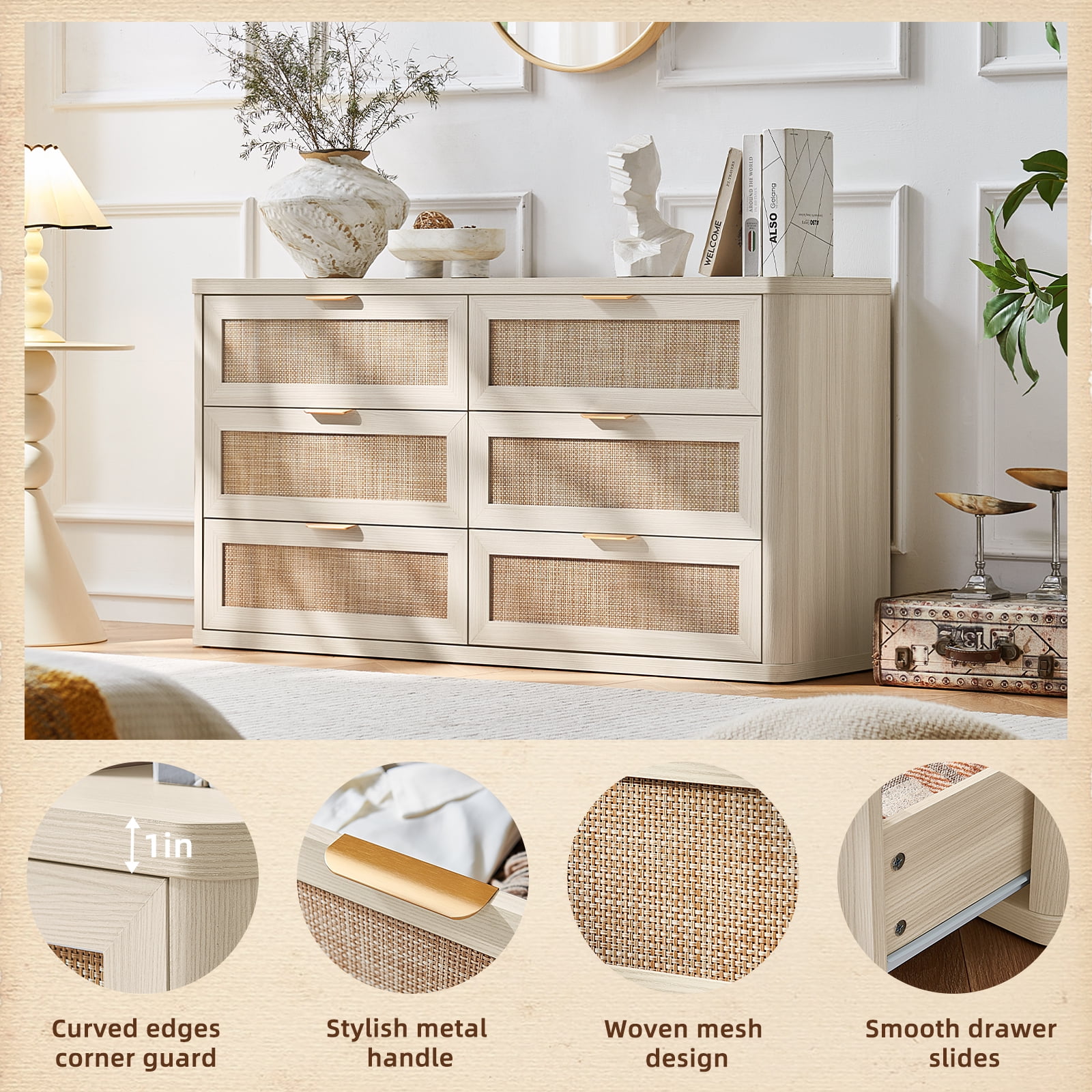 6 Drawer Dresser for Bedroom, Boho&Modern Wood Chest of Drawer with Golden Embedded Handles for Living Room, White Oak