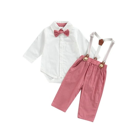 

Calsunbaby Kids Baby Boy Gentleman Outfits Set Shirt Romper Pants Bow Tie Suit Gentleman XMAS Party Clothes Pink 12-18 Months