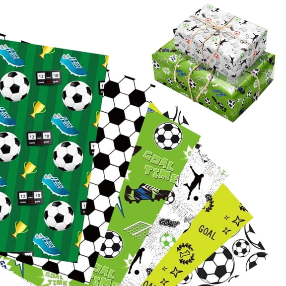 6 Sheets Soccer Wrapping Paper -Not Roll- Sports Soccer Theme Print Gift Wrap Paper 20 x 27 Inch