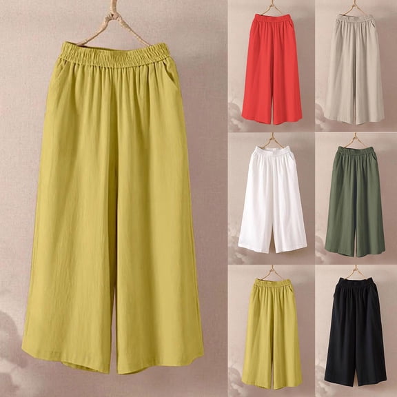 Women's Linen Blend Wide Leg Culottes Pants Elastic Waist with Gathered Pleats Breathable Loose Fit Mid-Length Trousers for Spring Summer Yellow XL(XL)