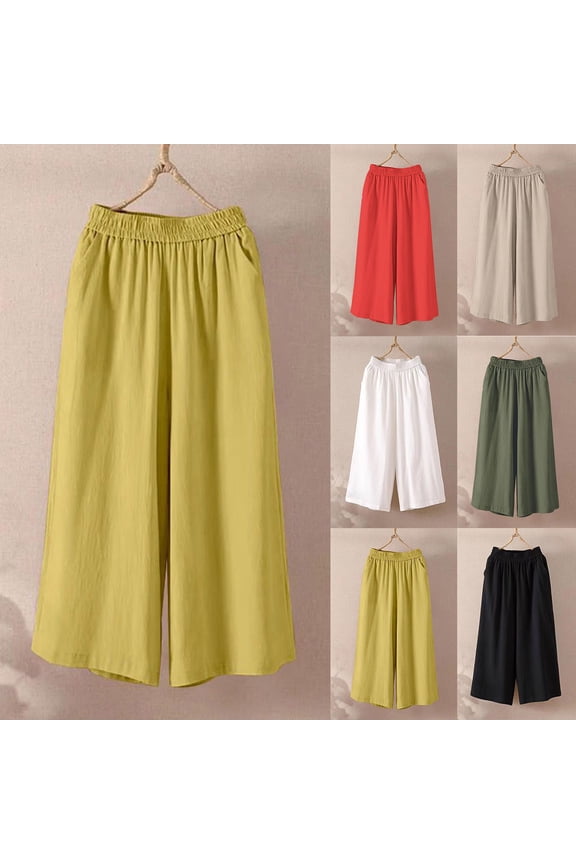 Women's Elastic Waist Linen Blend Pants , Cropped Palazzo Pants For Women , Ladies' Lightweight Summer Culottes with Pockets,Yellow,S-2XL