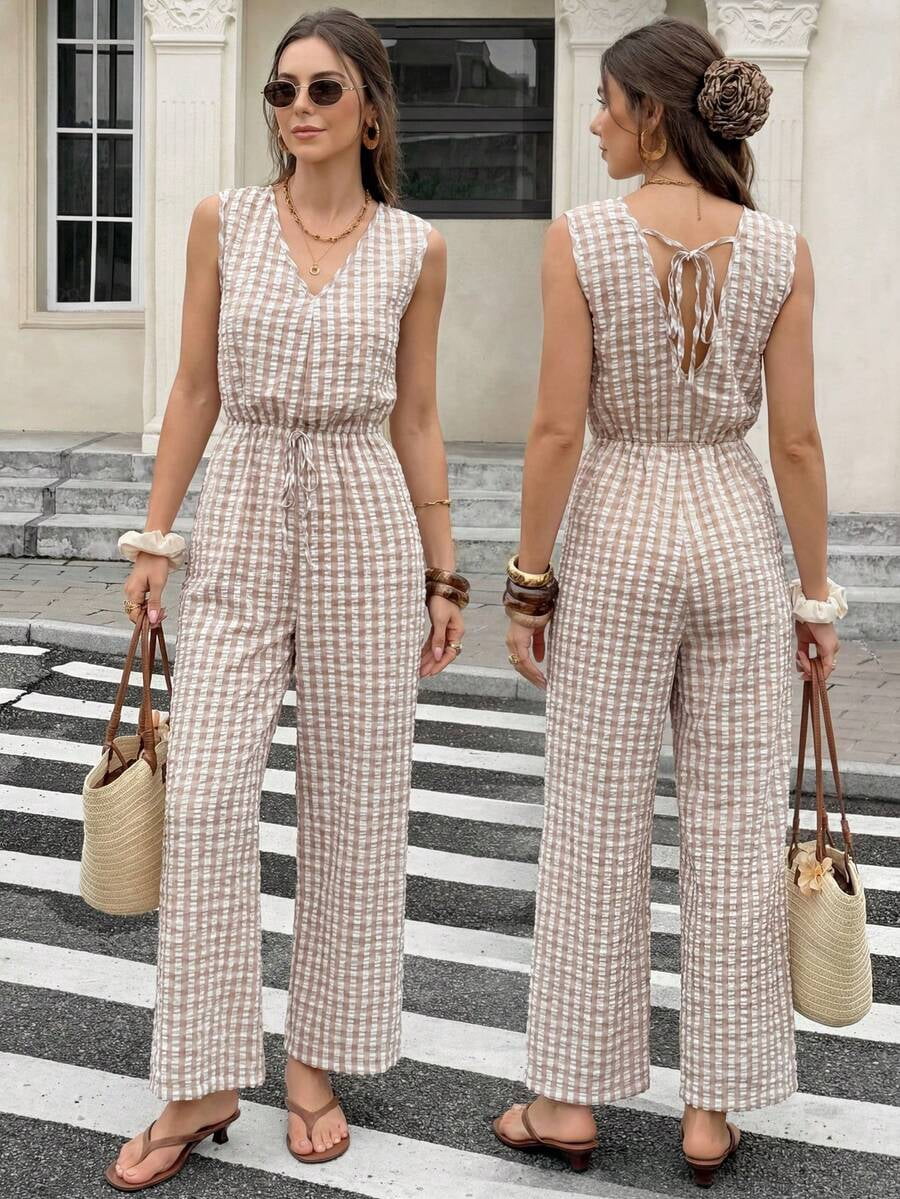 Women's Plaid Striped Sleeveless V-Neck Wide-Leg Jumpsuit,White Summer Boho Holiday Vacation Holiday Casual Elegant Party Wedding Graduation Formal