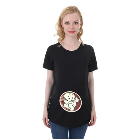 

Maternity Summer Short Sleeve T-shirt Cute Cartoon Baby Print Solid Color Round Neck T-shirt Casual Loose Pregnant Women s Nursing Top