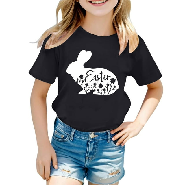 Chemises Filles Mode Décontractée Imprimé Col Rond Manches Courtes T-Shirt Hauts Filles Noir 3 Ans-4 Ans