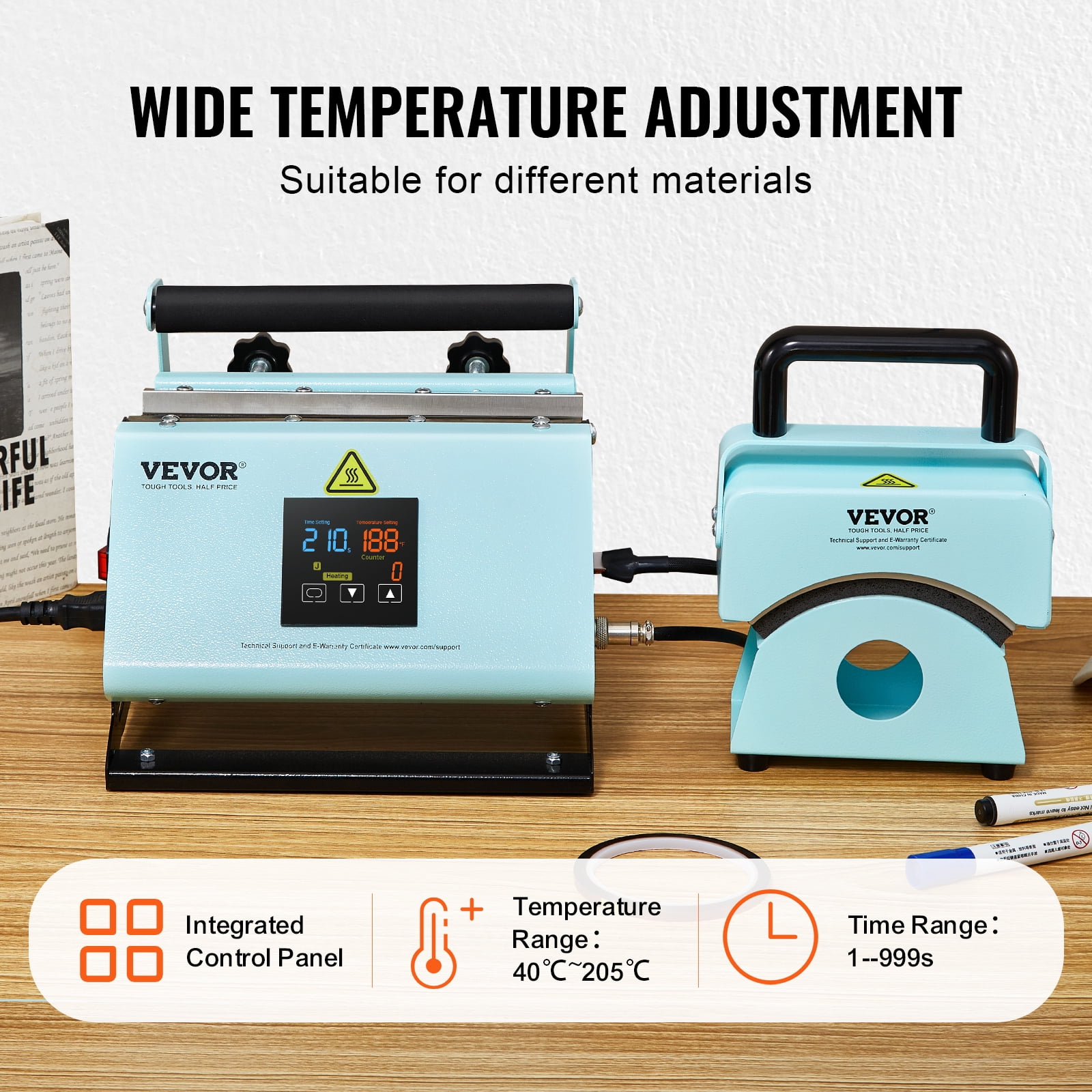VEVOR 2 in 1 Tumbler and Hat Heat Press Machine, Mini Hat Heat Press for Caps and Hats, Tumbler Heat Press for 11-30oz Sublimation Tumblers and Mugs, Temperature and Time Control, Green