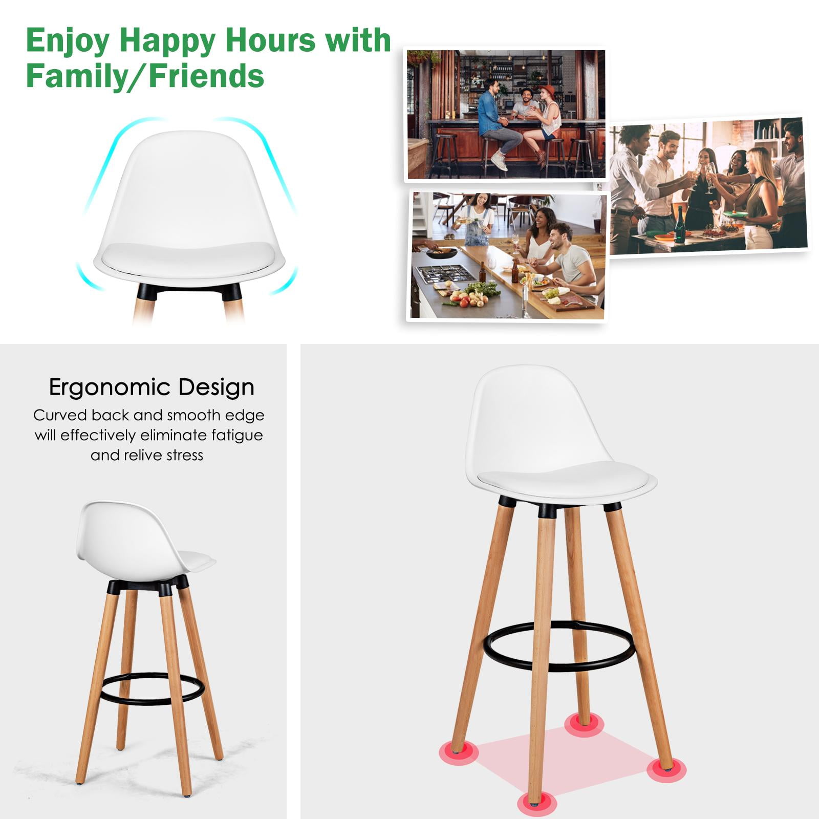 Giantex Set of 2 Dining Room Chair w/ Solid Beech Wood Legs, Upholstery High Chair Set, Scandinavian Kitchen Chair w/ Footrest, Retro Bar Stools for Living room, Loadable Up to 330 LBS, White