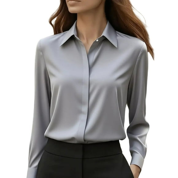 Breezora Womens Long Sleeve Button Down Shirt Wrinkle Free Formal Dress Blouse Satin Like Finish Comfortable Office Wear Top S Size Grey