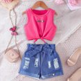 thumbnail image 2 of KPOPLK Toddler Girl Clothes Summer Outfits Kids Sleeveless Ruffled Vest Top Shirts Cute Bow Short Sets 2Pcs(9-10 Years,Hot Pink), 2 of 7