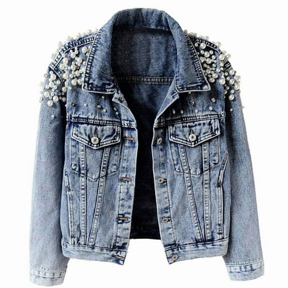 Women'S Jean Jacket Embroidered Rivet Pearl Short Denim Jacket Coat Blue XL
