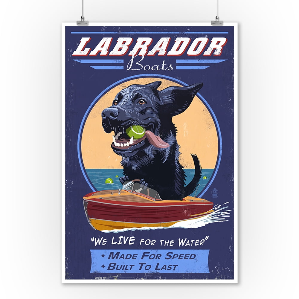 Black Labrador Retro Boats Ad Lantern Press Artwork 9x12 Art Print Wall Decor Travel Poster