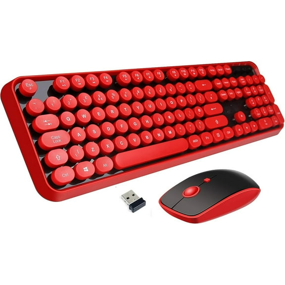 Wireless Keyboard Mouse Combo,2.4GHz Wireless Red Keyboard with 104 Round Retro Typewriter Style Key and Cute Mouse with 3 Adjustable DPI
