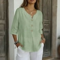 thumbnail image 4 of Puyaiuu Women's Cotton Linen V-Neck Blouse Basic Style Solid Color Loose Button-Down Top with 3/4 Sleeve Tunics Lightweight Loose Casual Summer Tops Gift, 4 of 8