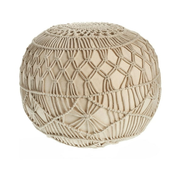 Laddha Home Designs 20" Beige Macrame Hand Knotted Round Pouf Ottoman