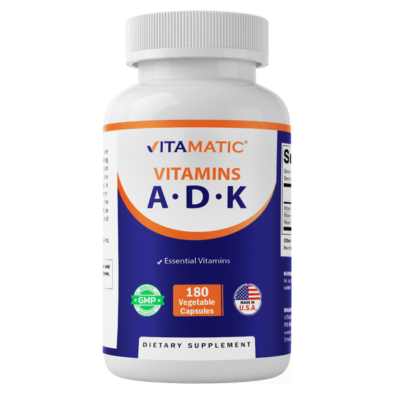 Vitamatic ADK Vitamin Supplement, 180 Veg Capsules, High Potency Vitamins A, D3, K2 for Bone Health, Calcium Absorption, Non-GMO, Gluten Free