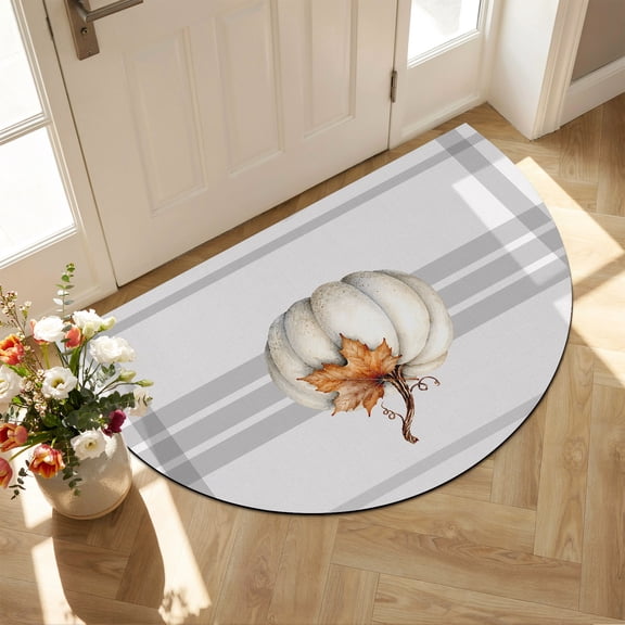 Fall Beige Pumpkins Diatomaceous Earth Bath Mat, Thanksgiving Farmhouse Maple Leaf Stripe Plaid Half Round Non-Slip Quick Dry Door Mat Super Absorbent Bath Rug for Bathroom Kitchen Laundry 16x24in