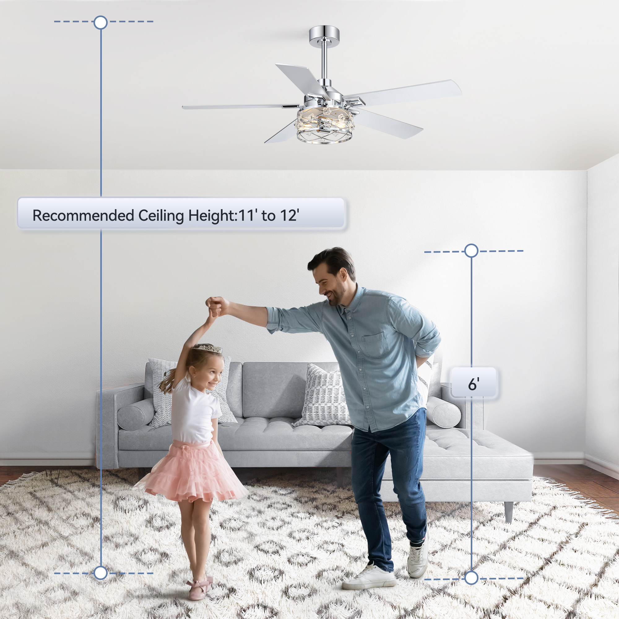 ALKAFY 52 inch Chrome Ceiling Fan with Lights - 5 Dual-Sided Blades, 6 Speeds, Remote, for Bedroom & Living Room