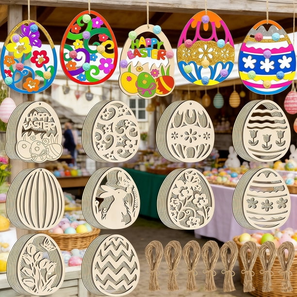 9 PièCes SéRies Pâques Lapin en Bois Pendentifs Suspendus Peinture