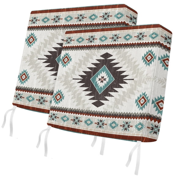 Outdoor Patio Cushion Covers 2 Pack Teal Brown Bohemian Chair Cushion Seat Pads with Ties & Zipper Waterproof Aztec Boho Tribal Chair Slipcovers for Outdoor Furniture Couch Sofa 24x24 Inch
