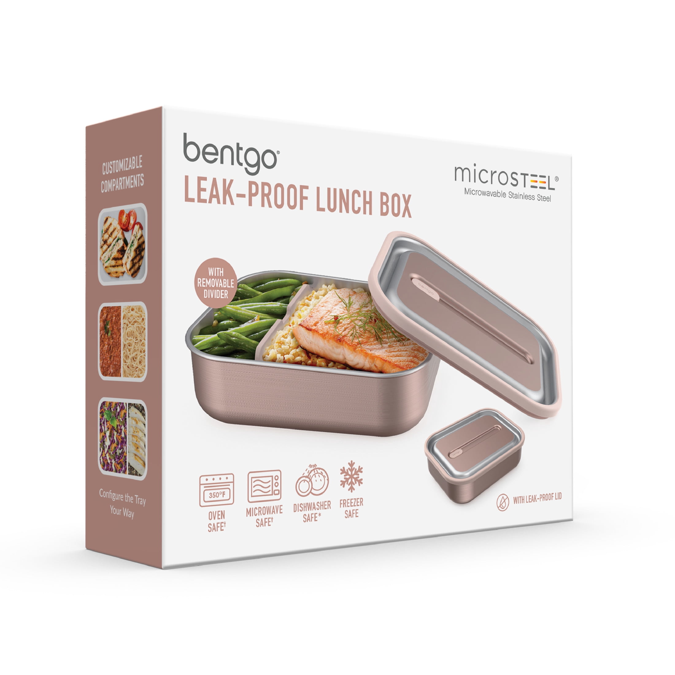 Bentgo MicroSteel Leak-Proof Lunch Box - Microwave-Safe, Oven-Safe, Bento-Style Container with Removable Divider, Airtight Lid, Sustainable Design, Odor & Stain Resistant (Rose Gold)